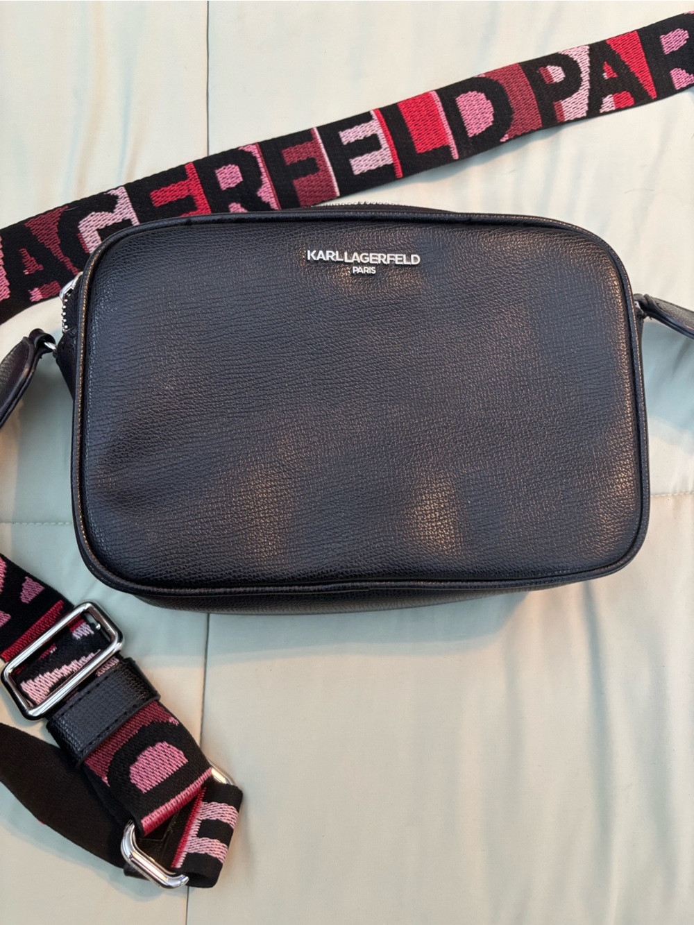 Karl Lagerfeld Black Leather Belt Bag with Pink Logo Strap